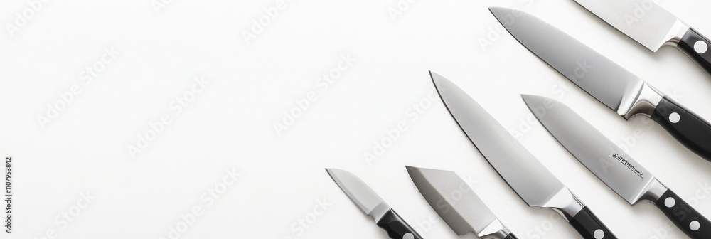 Poster a collection of kitchen knives of different sizes and styles is displayed on a clean white surface, 