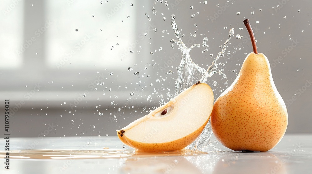 Poster two pears on a white surface with water splashing around them. the pears are placed side by side, wi