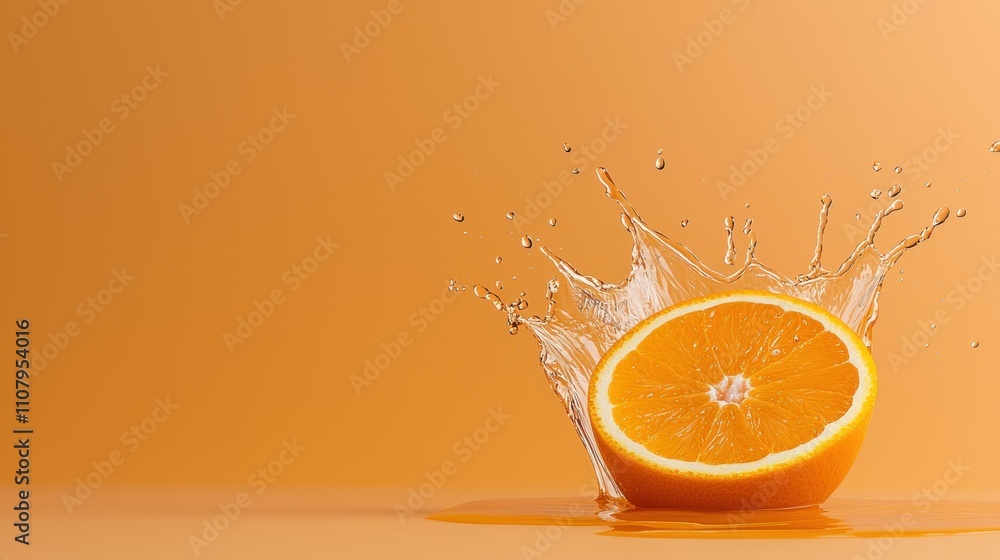 Poster close-up of an orange slice falling into a pool of water. the orange slice is in the center of the i