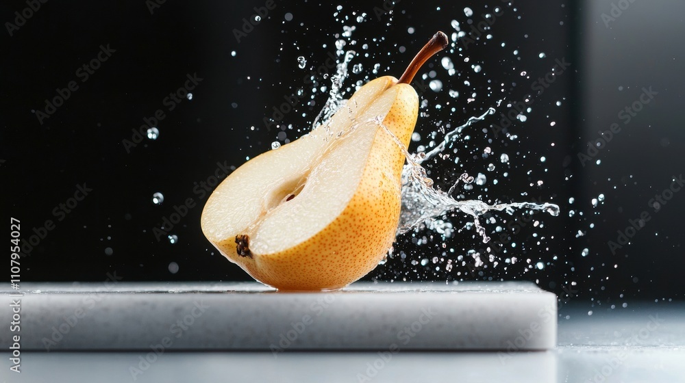 Poster close-up of a pear falling into the water. the pear is in the center of the image, with its stem sti