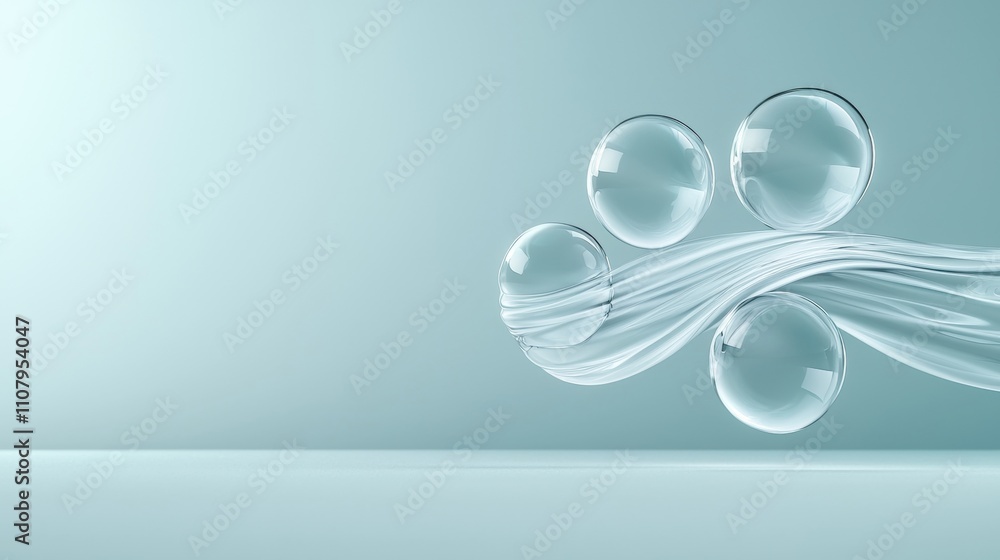 Poster digital illustration of three transparent spheres floating in the air. the spheres are of different 