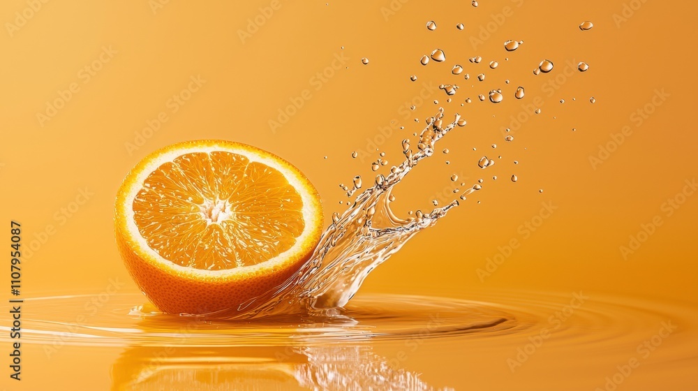 Poster close-up of an orange slice falling into a pool of water. the orange slice is in the center of the i