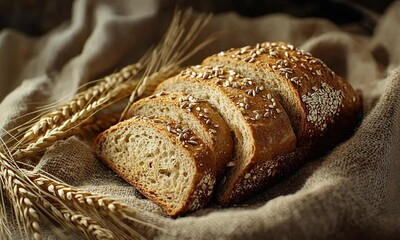 Sliced artisan bread with sunflower seeds, resting on burlap with wheat stalks. - Powered by Adobe