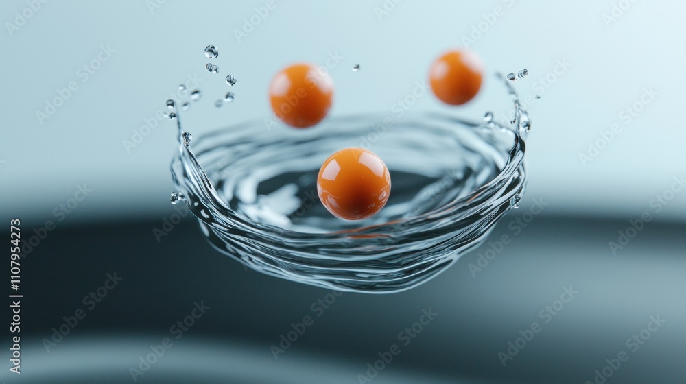 Poster three orange spheres falling into a pool of water. the spheres are in the center of the image, with 