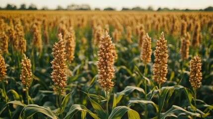 Fototapeta premium Close-up of a bicolor sorghum field planted for cover farming, showcasing tall green stalks and seed heads. High-quality photo, sunny weather, horizontal orientation. Sustainable agriculture concept.