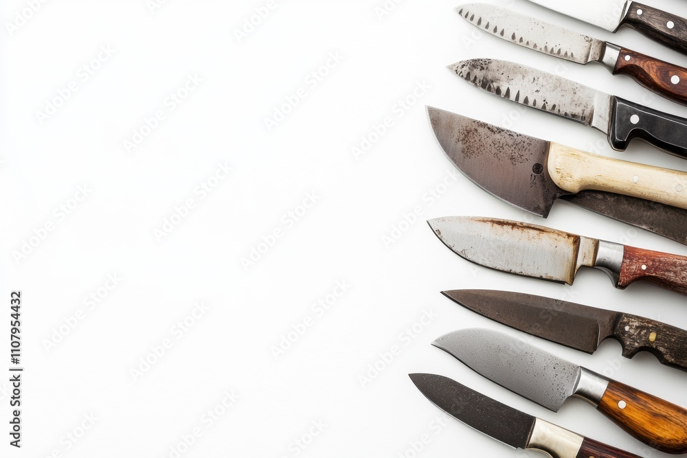 Aufkleber a collection of kitchen knives is displayed on a white surface, showcasing a variety of styles and f