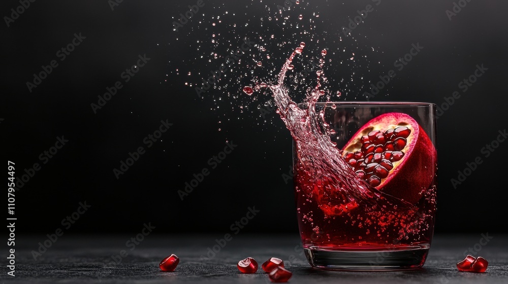 Poster glass of pomegranate juice with a slice of the fruit on the rim. the glass is filled with a deep red