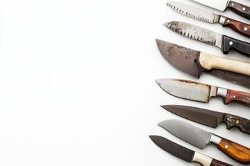 Obraz premium A collection of kitchen knives is displayed on a white surface, showcasing a variety of styles and functionalities for cooking tasks. Generative AI