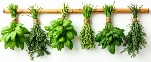 Obraz premium A vibrant display of fresh herbs is elegantly arranged, hanging from a bamboo rod, showcasing a variety of lush greens. Each bundle, tied with twine, exudes a fragrant charm, inviting culinary