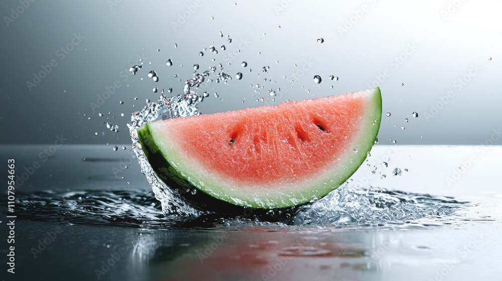 Poster close-up of a slice of watermelon falling into the water. the watermelon is in the center of the ima