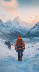 A mountain climber in an orange jacket and red helmet is climbing the snowy peak