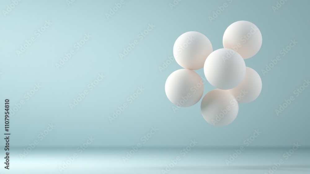 Poster group of six white spheres arranged in a cluster on a light blue background. the spheres are of diff