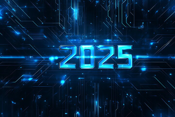 A modern tech-inspired design with glowing circuit patterns in blue and black tones, featuring '2025' in metallic futuristic typography. Great for technology branding and innovation themes