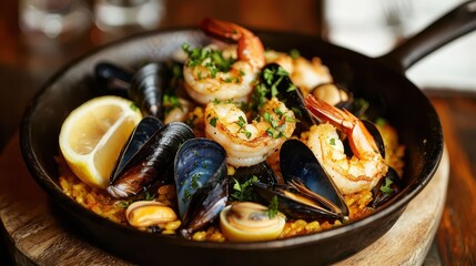 Delicious Seafood Paella with Shrimp, Mussels, and Lemon Garnish Served in a Black Skillet on a Rustic Wooden Table Setting