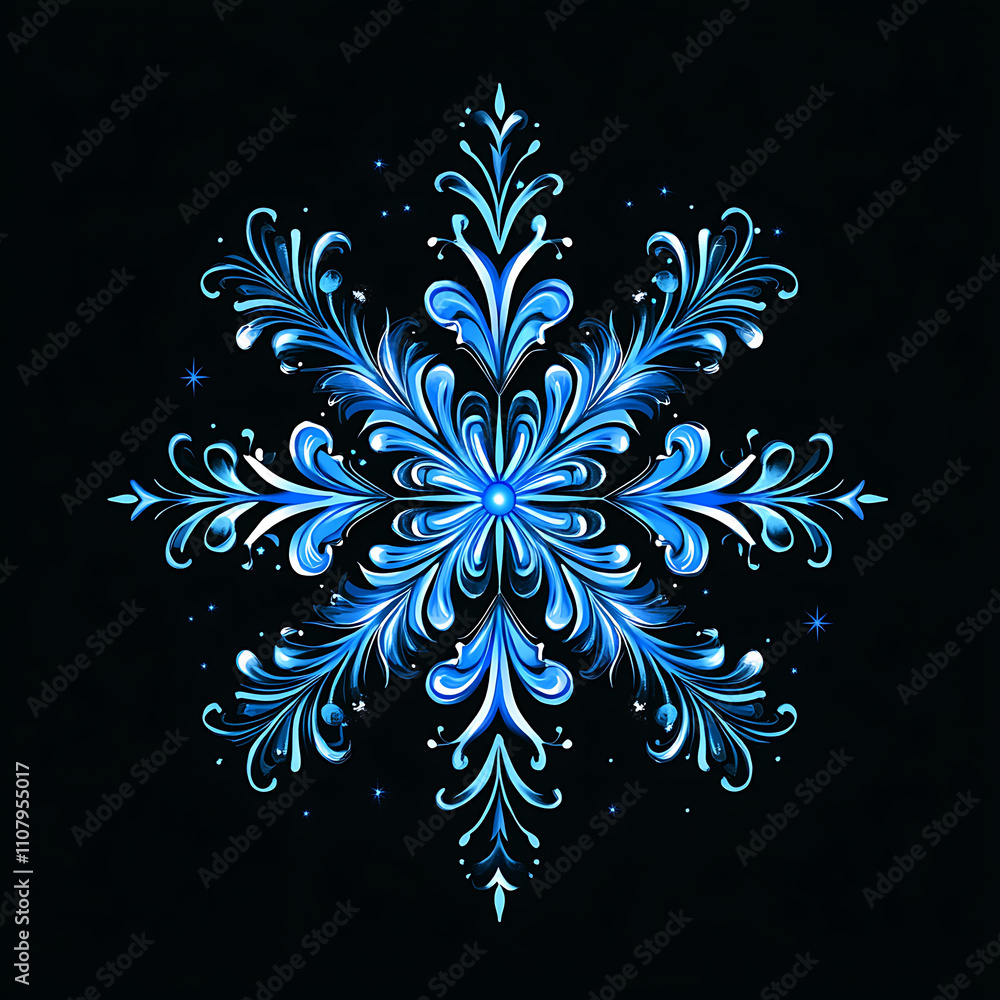 Poster beautiful blue snowflake design with intricate patterns and details, perfect for winter themes and h