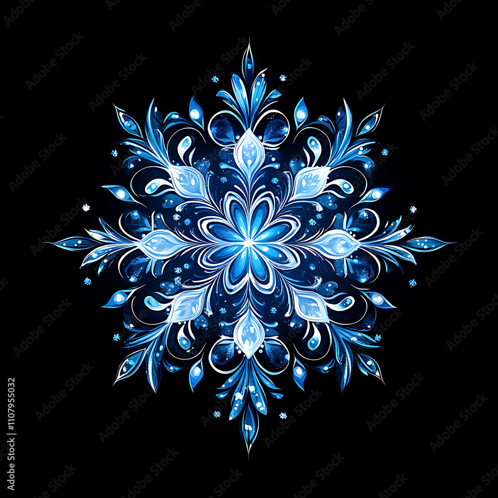 Poster beautiful blue snowflake design with intricate patterns and details, perfect for winter themes and h