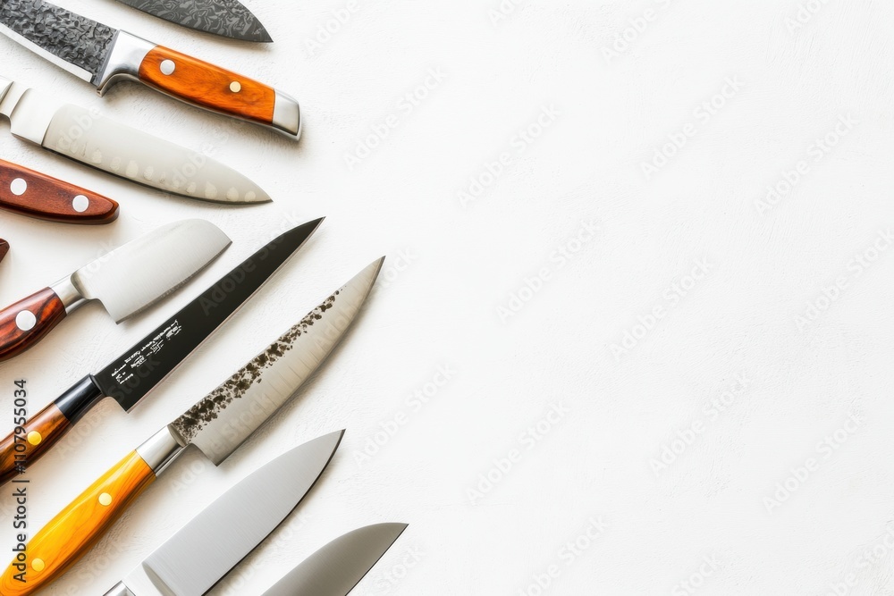 Poster a selection of kitchen knives displayed on a smooth white background highlights their diverse styles