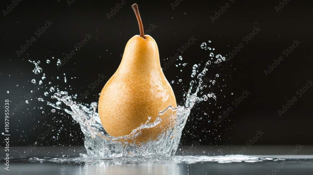 Poster close-up of a pear falling into a pool of water. the pear is in the center of the image, with its st