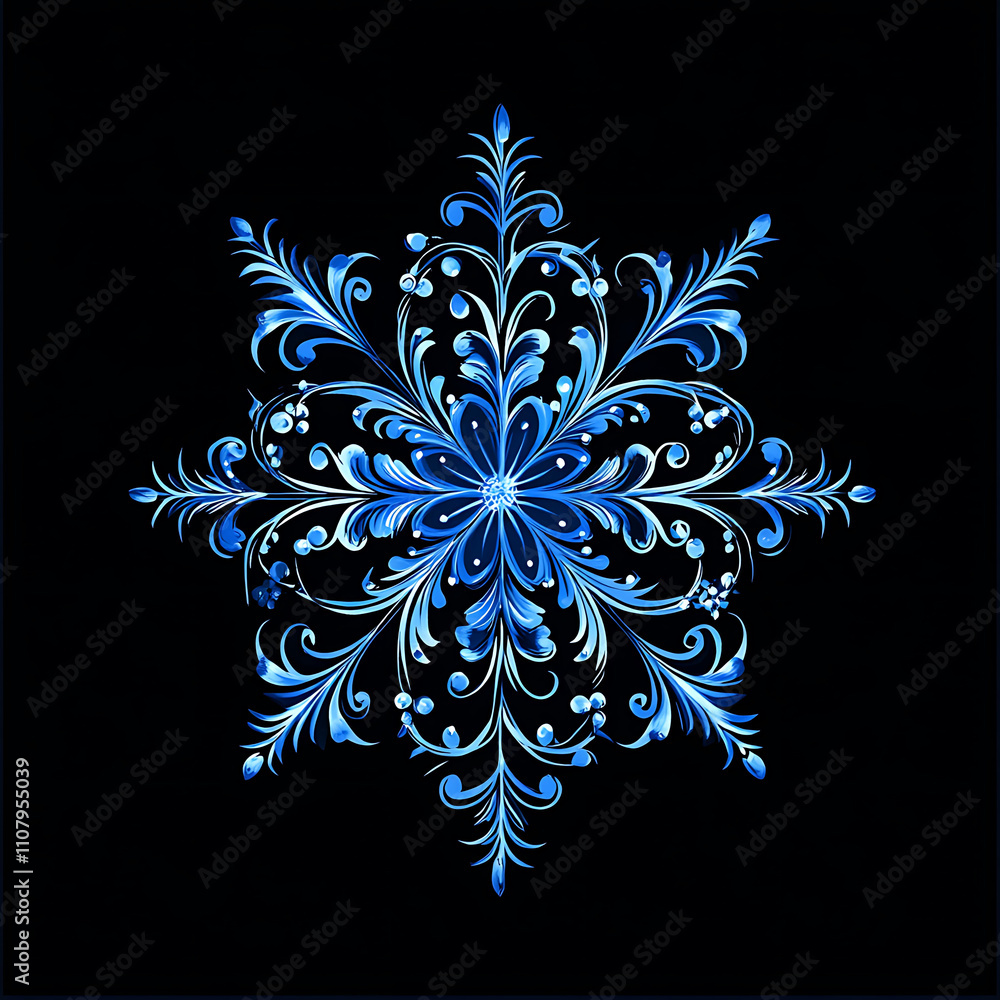 Poster beautiful blue snowflake design with intricate patterns and details, perfect for winter themes and h