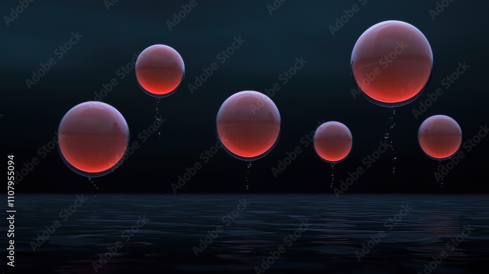 Poster group of six spheres floating in the water. the spheres are of different sizes and shapes, with the 