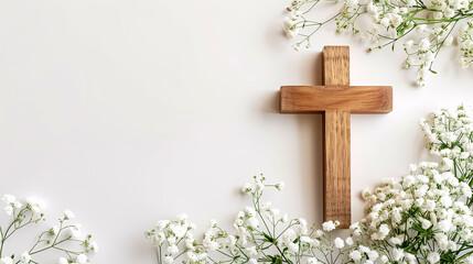A composition featuring a Christian wooden cross and flowers against a muted white background, with space for text, suitable for a funeral invitation template.