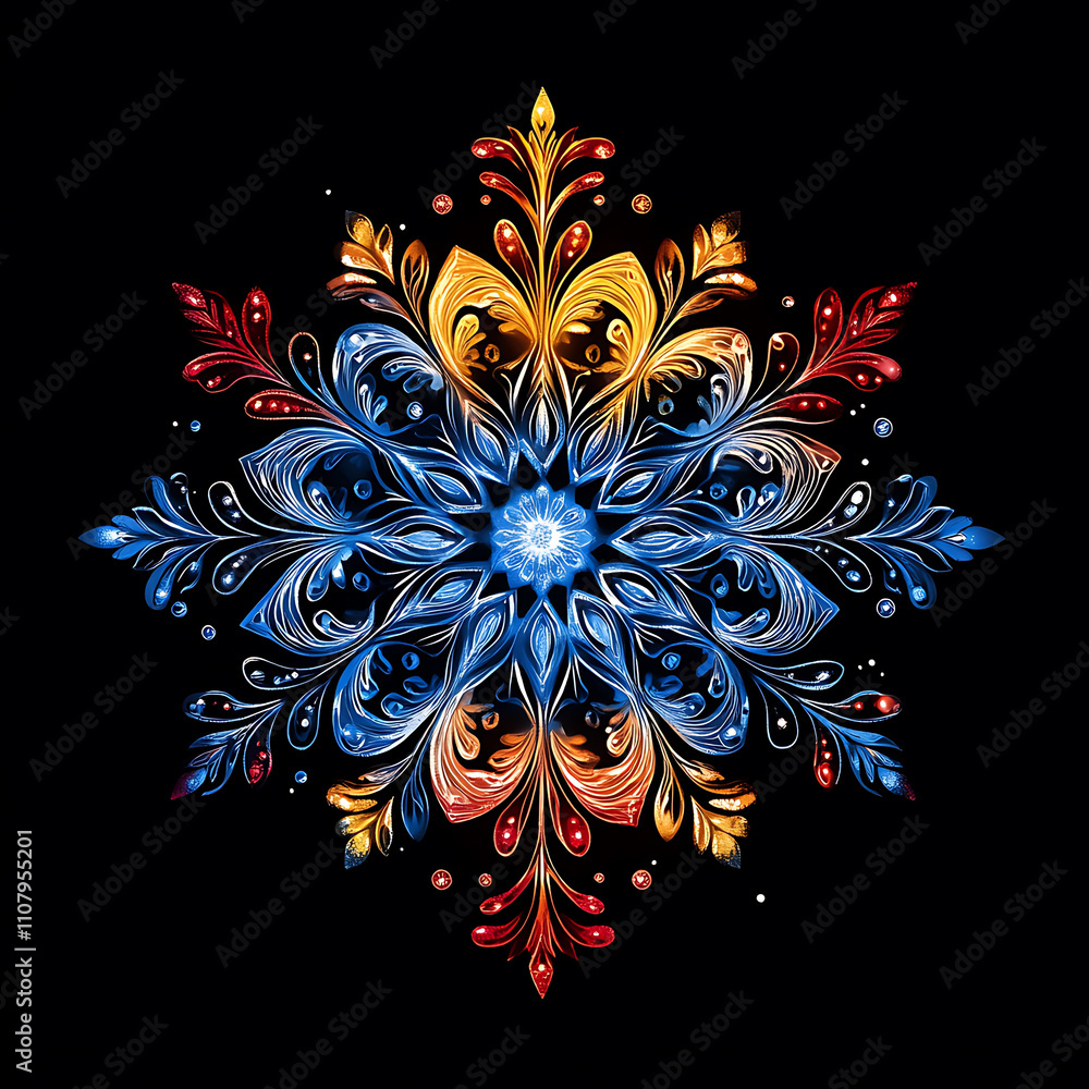 Poster vibrant snowflake design featuring intricate patterns in blue, red, and gold against black backgroun