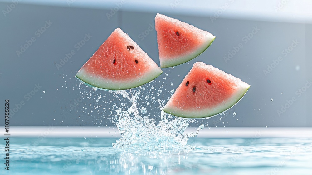 Fototapete three slices of watermelon falling into a swimming pool. the watermelon slices are arranged in a tri