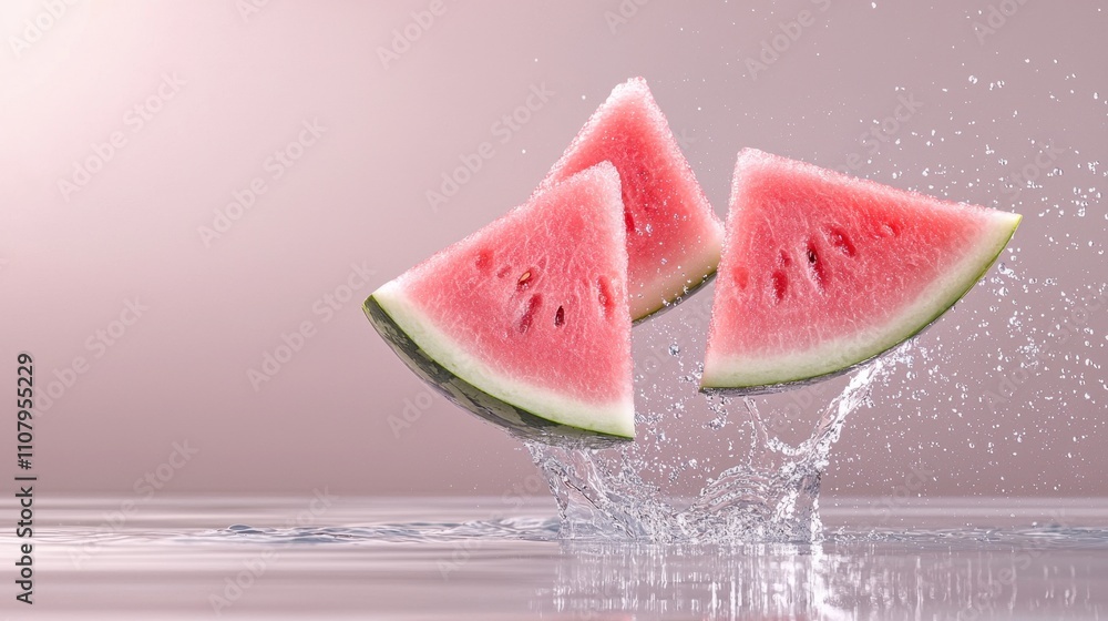 Fototapete two slices of watermelon falling into the water. the watermelon slices are arranged in a way that th