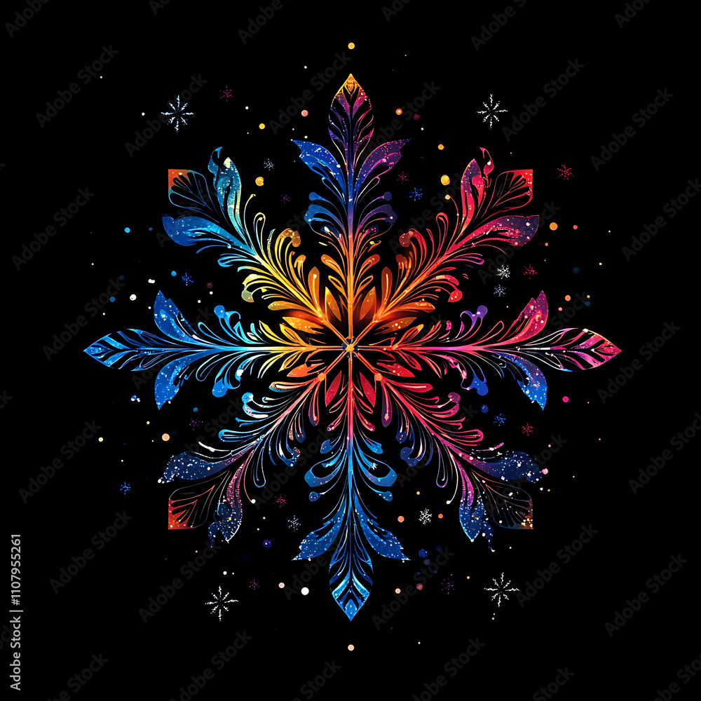 Poster colorful snowflake design with intricate patterns and vibrant hues, perfect for festive decorations 