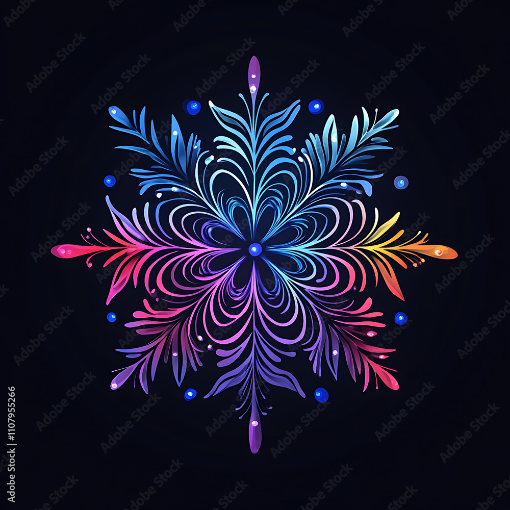 Poster colorful snowflake design with intricate patterns and vibrant hues, perfect for winter themes and ho