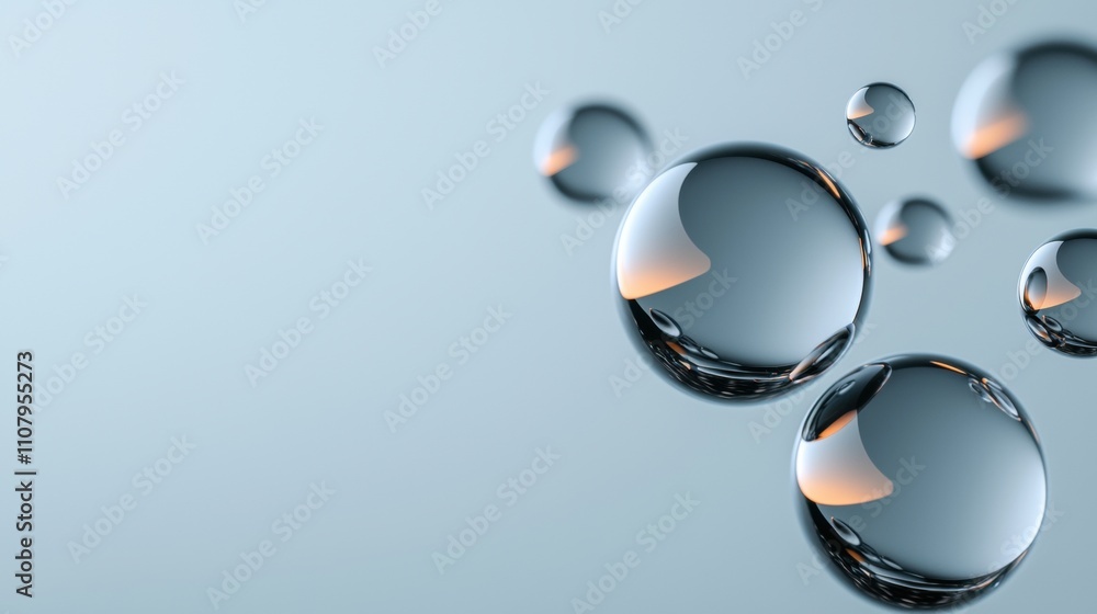 Poster close-up of a group of water droplets on a light blue background. the droplets are of different size