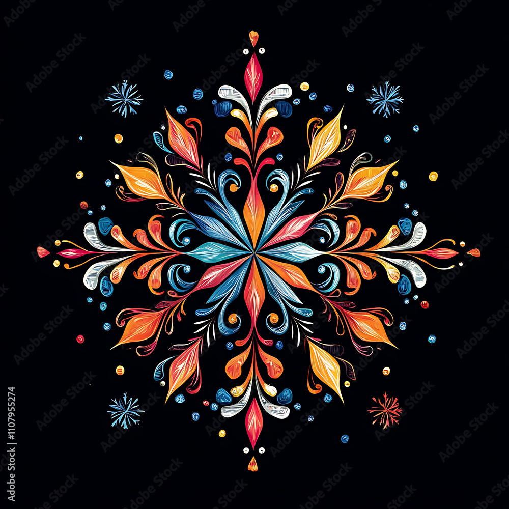 Poster colorful snowflake design with intricate patterns and vibrant hues on black background, perfect for 