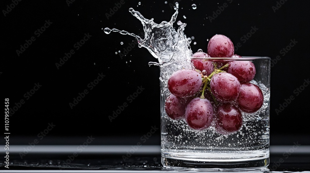 Poster glass of water with a bunch of red grapes in it. the grapes are splashing out of the glass, creating