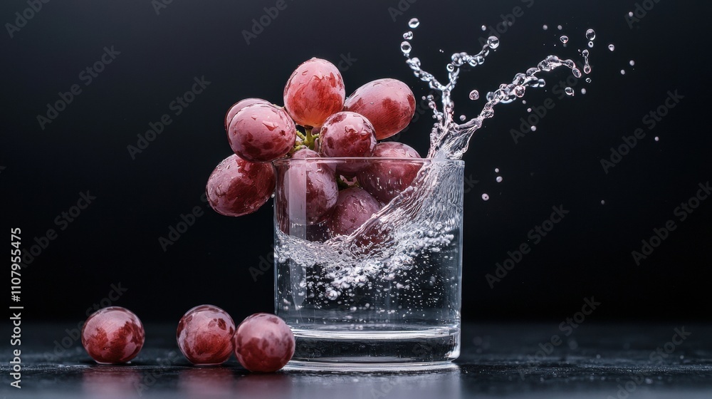 Poster glass of water with a bunch of red grapes in it. the grapes are splashing out of the glass, creating