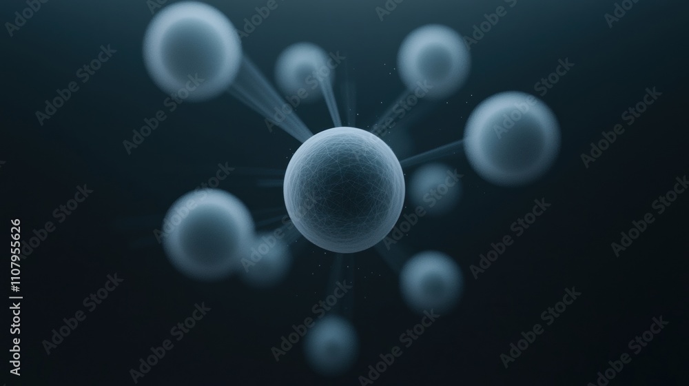 Poster digital illustration of a sphere in the center of a dark blue background. the sphere is spherical an