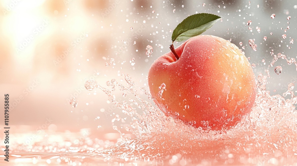 Poster close-up of a red apple with a green leaf on top. the apple is in the center of the image, with wate