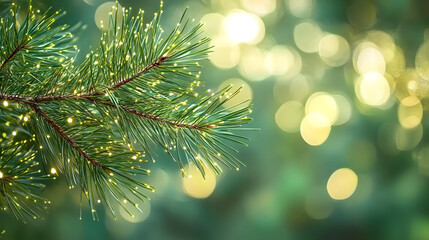 A close-up of a pine branch with soft, green bokeh lights in the background creating a dreamy, festive atmosphere