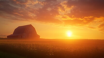 A serene sunset over a farm with a barn, highlighting nature's beauty and tranquility.