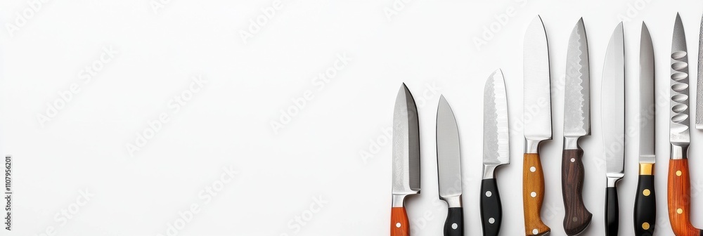 Poster various kitchen knives are organized on a clean white surface, highlighting their different shapes, 