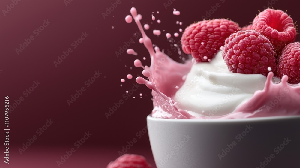 Poster close-up of a bowl of yogurt with fresh raspberries on top. the bowl is white and is placed on a dar