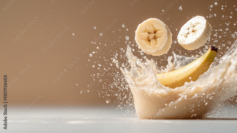 Poster banana falling into a splash of water. the banana is in the center of the image, with two halves of 