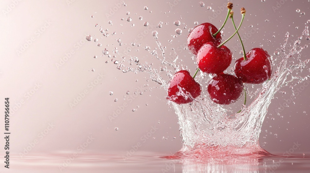 Poster group of four red cherries falling into a pool of water. the cherries are in the center of the image
