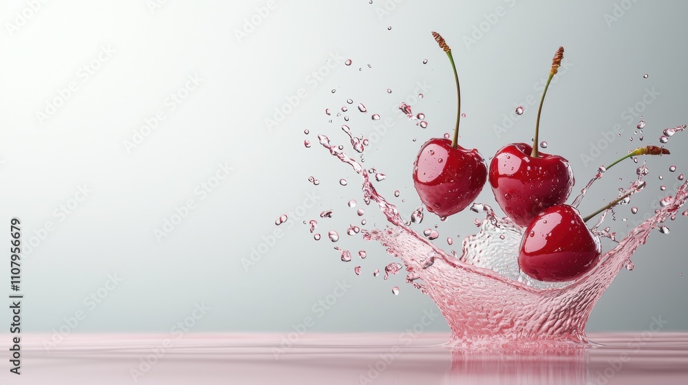 Poster three red cherries falling into a pool of water. the cherries are in the center of the image, with t