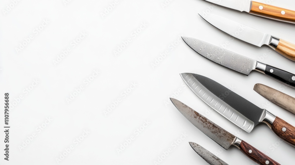 Poster a selection of kitchen knives is neatly organized on a white background, showcasing different types 