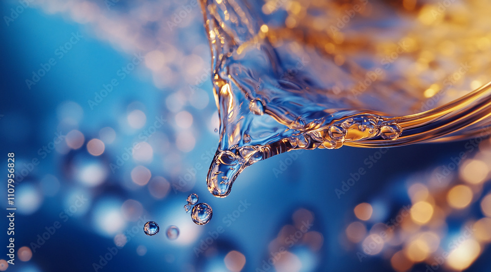 Poster beautiful close-up of water droplets splashing and creating ripples in a vibrant blue and gold backg