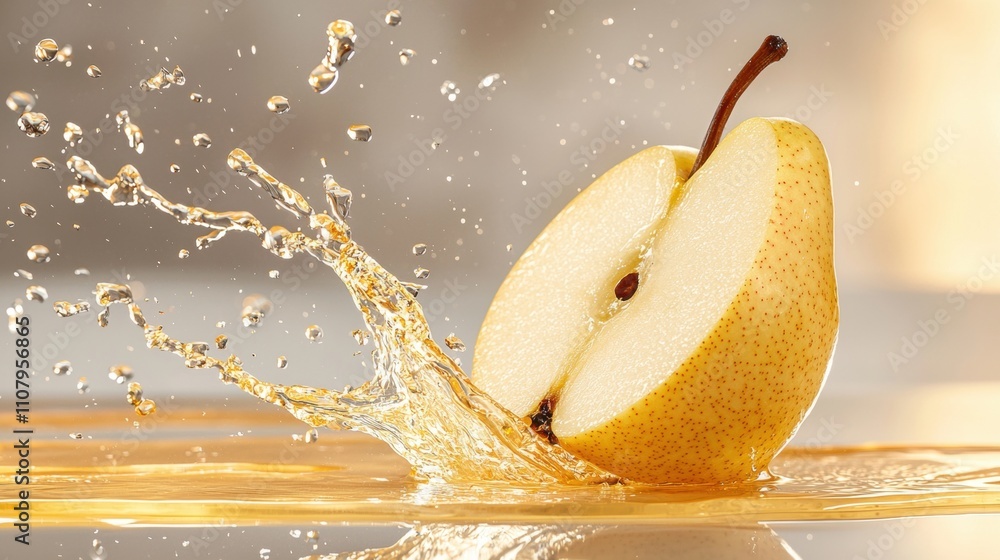 Poster close-up of a pear falling into a pool of water. the pear is in the center of the image, with its st