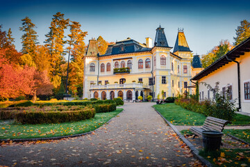 Adorable autumn voew of Castle Betliar - Slovak National Museum - Betliar Museum, Betliar Manor. Gorgeous morning cityscape of Betliar town, Slovakia, Europe. Traveling concept background..