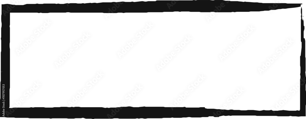Poster wide grunge rectangular frame with thick black irregular borders creating negative space on white ba