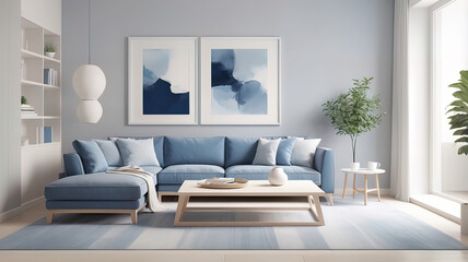 Fototapeta premium Minimalist interior design in a modern living room with a large white frame on the wall. Cute cozy little sofa near the coffee table.