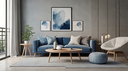 Fototapeta premium Minimalist interior design in a modern living room with a large white frame on the wall. Cute cozy little sofa near the coffee table.